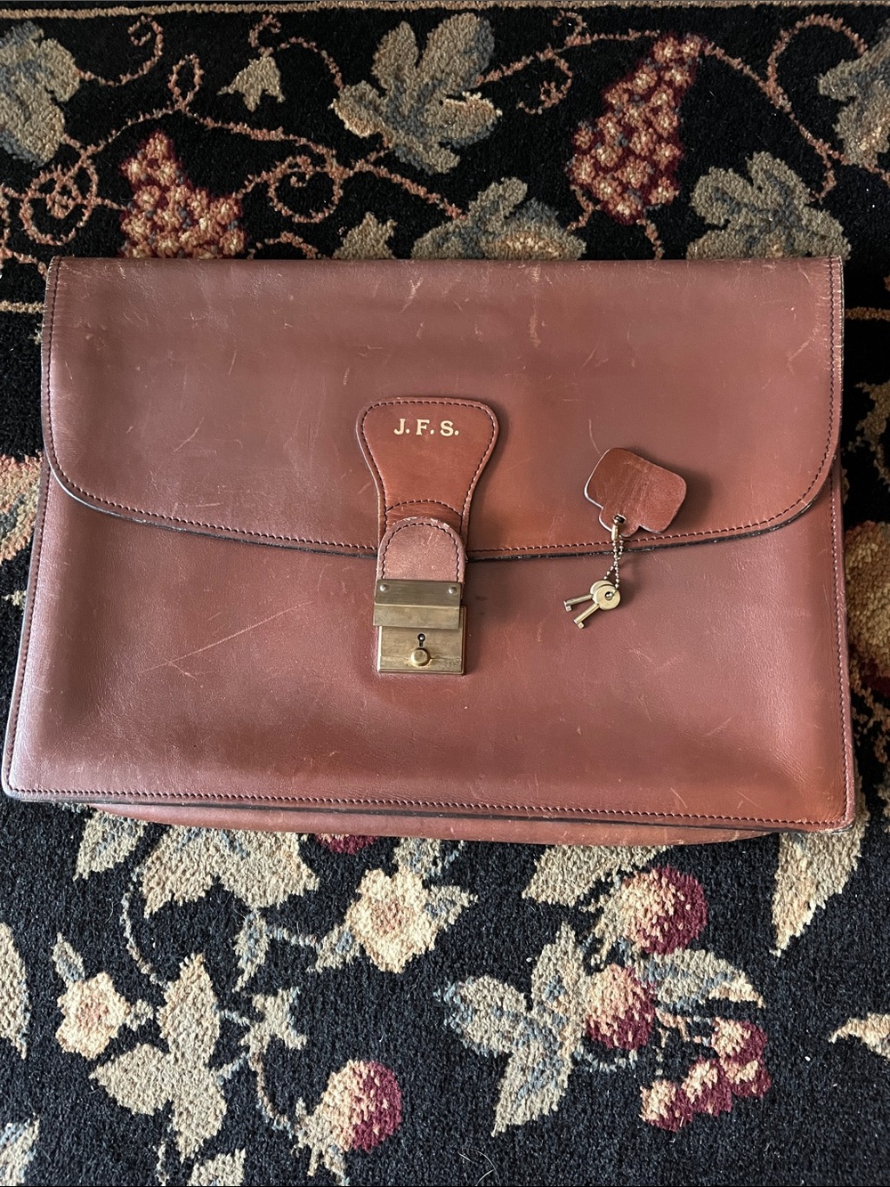 Monogrammed Brown Leather Briefcase with Lock and Keys